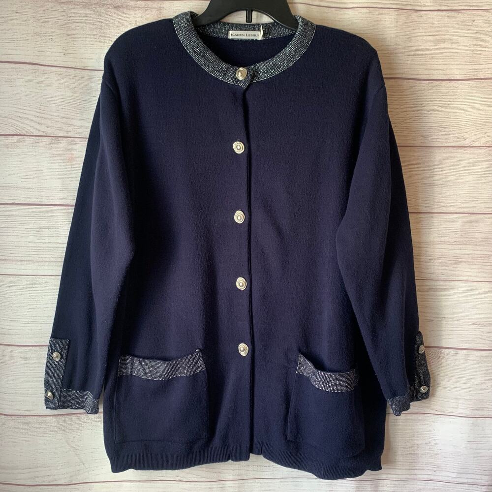 Vintage Karen Lessly Navy Cardigan Silver Metallic Thread and Rose Buttons Large